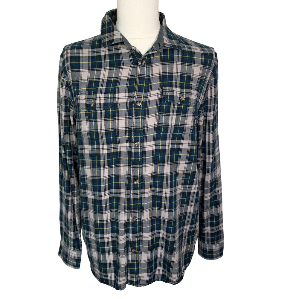 VANS Men's Large Blue Grey Yellow Plaid Classic Fit Long Sleeve Flannel Shirt